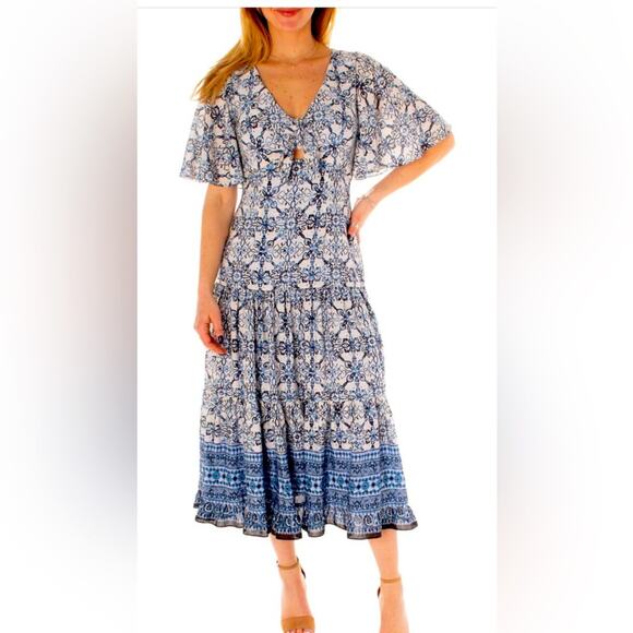 NEW Taylor Blue Floral Cut Out Midi Dress Short Flutter Sleeve Size 6 MSRP $138 - Picture 5 of 9